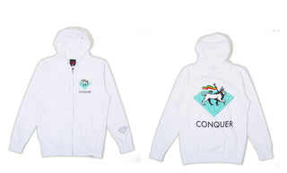 DIAMOND SUPPLY ZIP CONQUER HOODY Skateboard SWEATSHIRT White SMALL