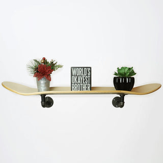 Floating Industrial Style Maple Skateboard Deck Shelf with Pipe Mounting System 7.75" Stained Purple Bottom