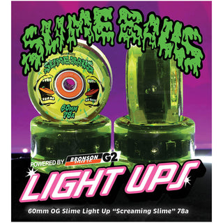 Slime Balls Skateboard Wheels 60mm Screaming Slime Light Ups OG 78A w/ Bronson Bearings Green/Yellow