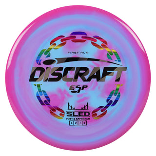 Discraft Disc Golf First Run ESP Sled Putt and Approach 3/2/-1/2 Pink Blue/Black Silver 176 grams