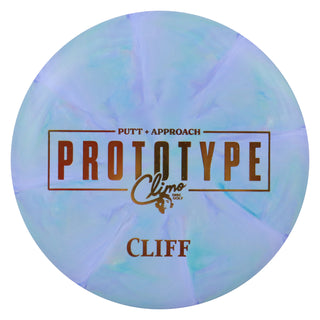 Climo Disc Golf Prototype Swirled Trophy Line Cliff Putt and Approach 2/3/-1/0 Purple Green/Gold 173g