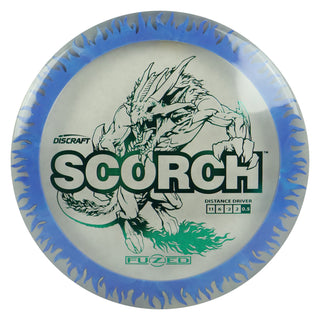 Discraft Disc Golf FuZed Line Scorch with Flame Pattern Distance Driver 11/6/-2/2 Clear with Indigo Flame/Green 173-174g