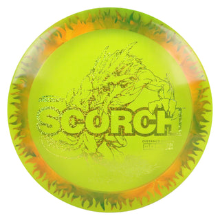 Discraft Disc Golf FuZed Line Scorch with Flame Pattern Distance Driver 11/6/-2/2 Yellow with Orange Black Flame/Green Dots 170-172g