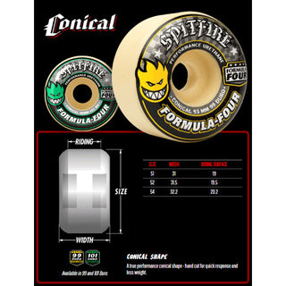 Spitfire Skateboard Wheels 52mm 101A F4 Conical with Bronson Pro G3 Bearings