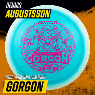 Innova Disc Golf Team Champion Series Dennis Augustsson Proto Glow Halo Champion Gorgon 10/6/-2/1 White Blue/Maroon 173 grams