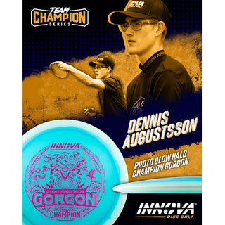 Innova Disc Golf Team Champion Series Dennis Augustsson Proto Glow Halo Champion Gorgon 10/6/-2/1 White Blue/Maroon 173 grams