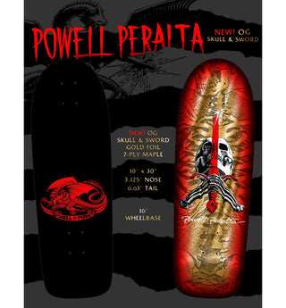 Powell-Peralta re-issue decks are close reproductions of their 1980’s counterparts, featuring the original Pro graphics and shape, top graphic logo and concave. Measures 10" x 30" with a 16" wheelbase and long 2.5" old school truck hole pattern.