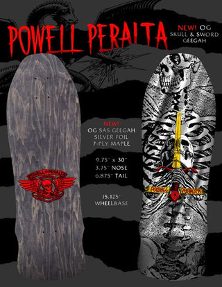 Powell Peralta Skateboard Deck Geegah Skull and Sword Silver Foil Old School Reissue