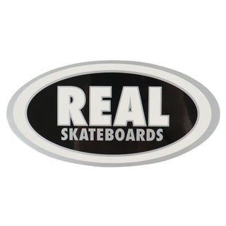 Real Skateboards Sticker Oval Black Fill Silver 7.5" x 3.75"