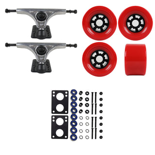 Slant Longboard Trucks (150 Raw) with 90mm Red Wheels, Abec 7 Bearings, Hardware, and Risers