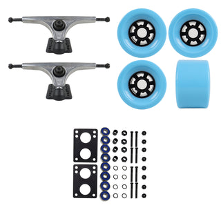 Slant Longboard Trucks (180 Raw) with 83mm Light Blue Wheels, Abec 7 Bearings, Hardware, and Risers