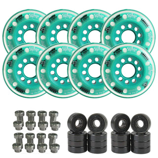 Labeda Whips Roller Hockey Wheels - Teal X-Soft 80mm - 8-Pack with Evo Spacers and Hybrid Ceramic Bearings
