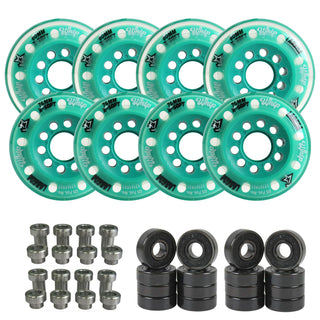 Labeda Whips Roller Hockey Wheels - Teal X-Soft HiLo Set 76mm/80mm - 8-Pack with Evo Spacers and Hybrid Ceramic Bearings