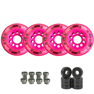 Labeda Whips Roller Hockey Wheels - Pink X-Soft 76mm - 4-Pack with Evo Spacers and Hybrid Ceramic Bearings
