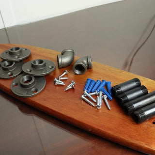Floating Industrial Style Vintage Mahogany Skateboard Deck Shelf with Pipe Mounting System â€“ Custom Made Indoor Skate Shelving