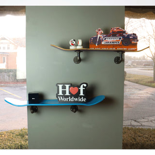 Floating Industrial Style Maple Skateboard Deck Shelf with Pipe Mounting System 7.75" Neon Purple